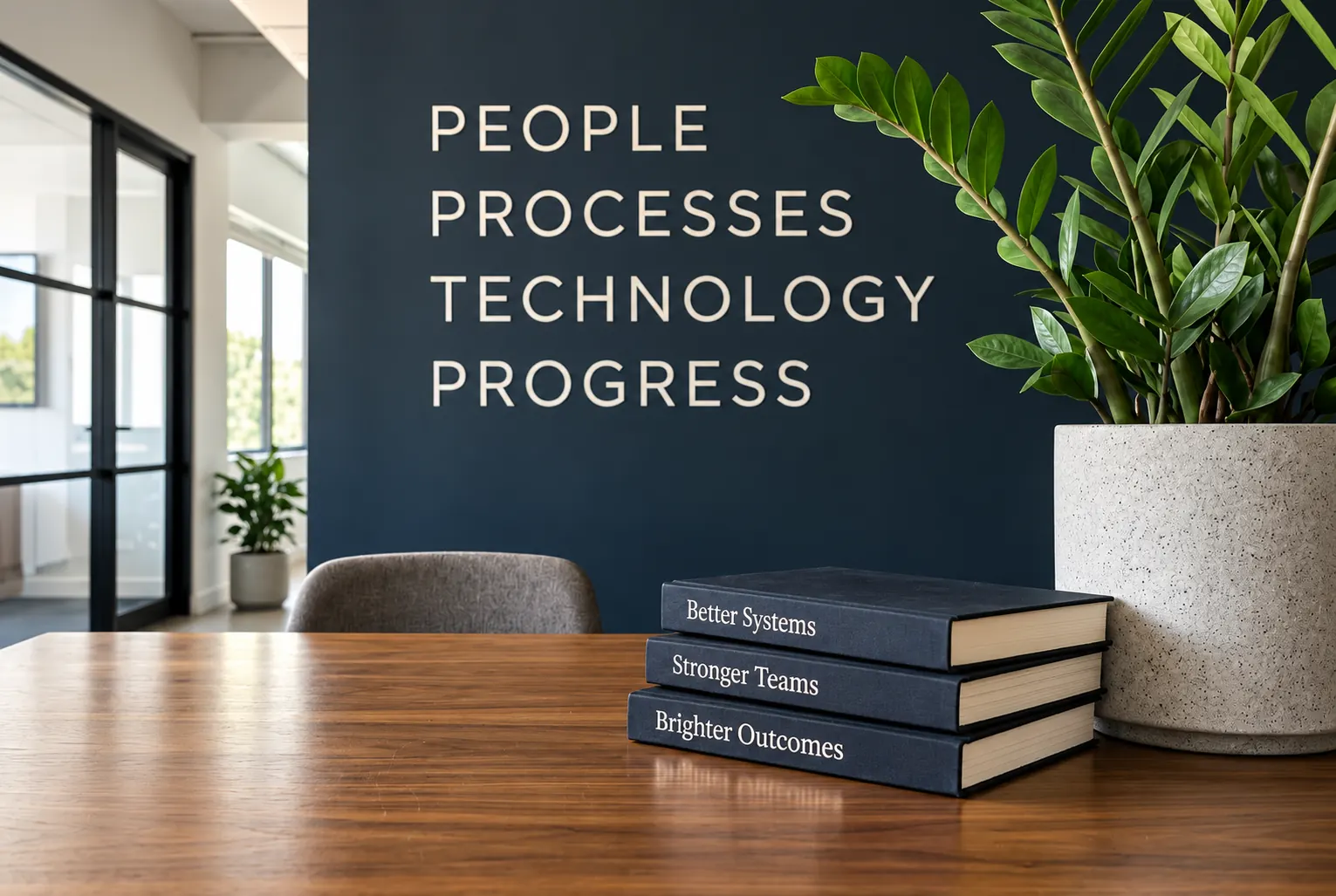 A navy wall reading People, Processes, Technology, Progress above a stack of books