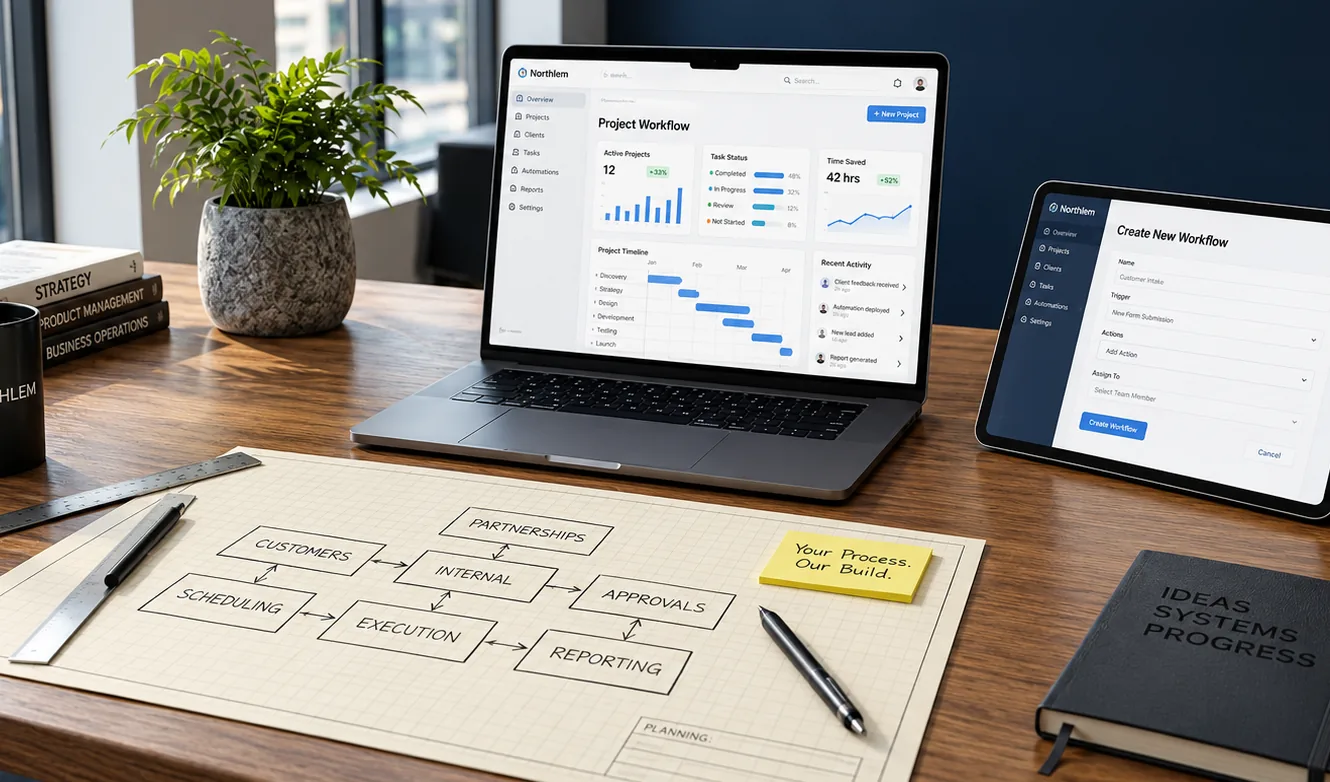 Northlem desk with a laptop and tablet showing workflow software, a hand-drawn blueprint, a Northlem mug and a Consult Build Automate wall sign