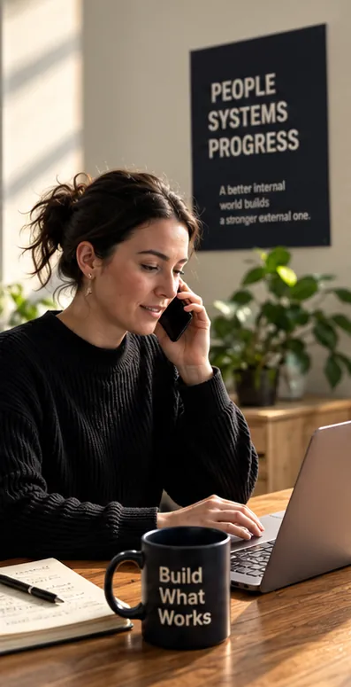 Woman on a phone call at her desk next to a Build What Works mug