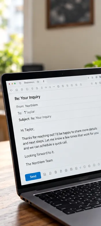Laptop on a desk showing an email reply