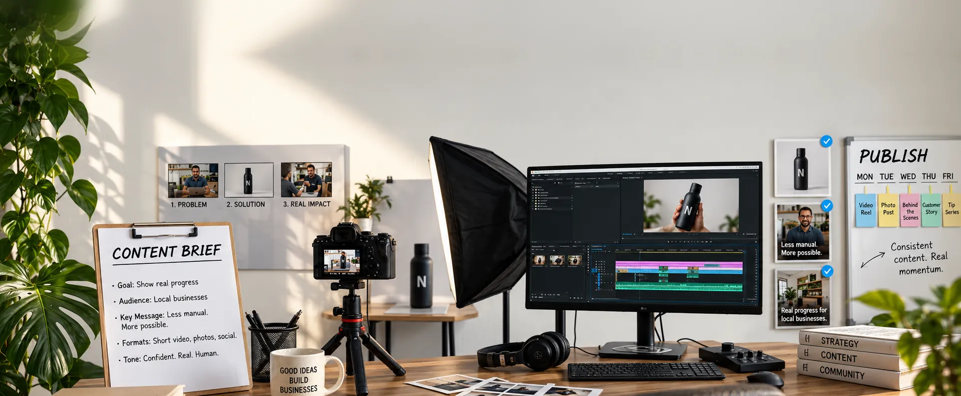 Content studio desk with a content brief, storyboard, camera on a tripod, editing monitor, approved clips and a weekly publishing board