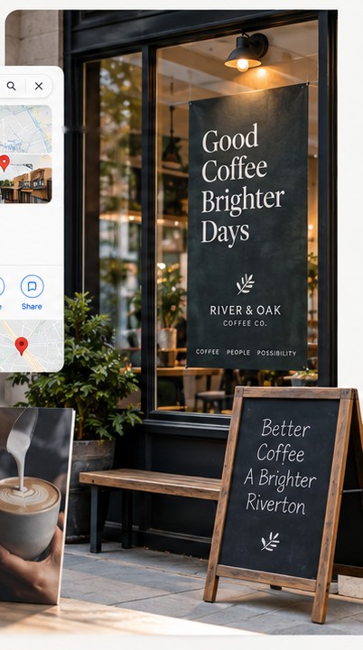 The shop front carrying the same Good Coffee Brighter Days banner, with a chalkboard sign on the pavement