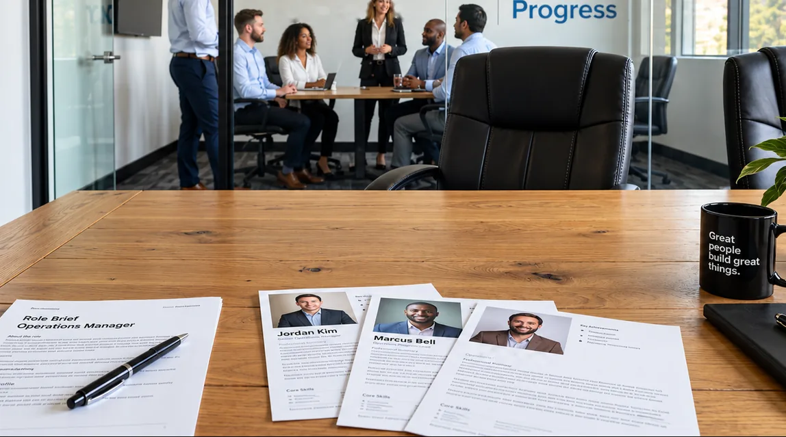 Boardroom table in the foreground with a Role Brief and three candidate sheets, and a team meeting behind an empty leather chair