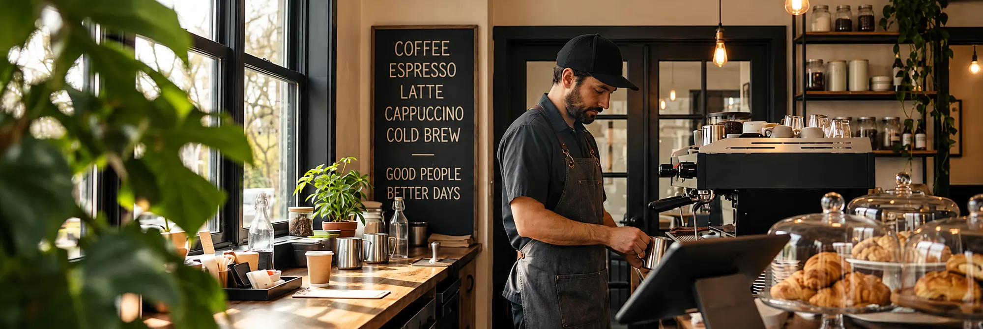 A barista working behind a busy coffee bar with a menu board and pastry case