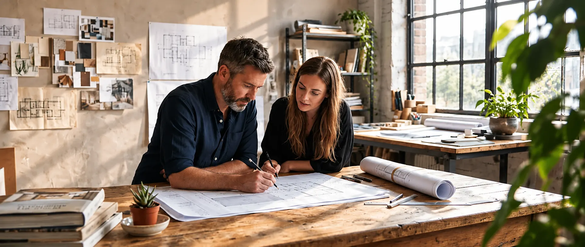 Two people reviewing drawings over a studio table