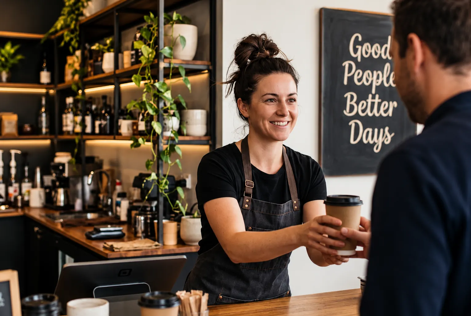 A barista handing a coffee across the counter to a regular customer