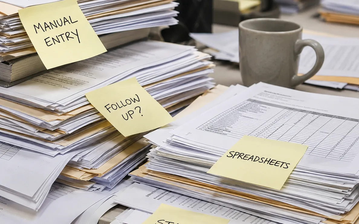 Stacks of paperwork with sticky notes reading Manual entry, Follow up, Spreadsheets, Status and Missed